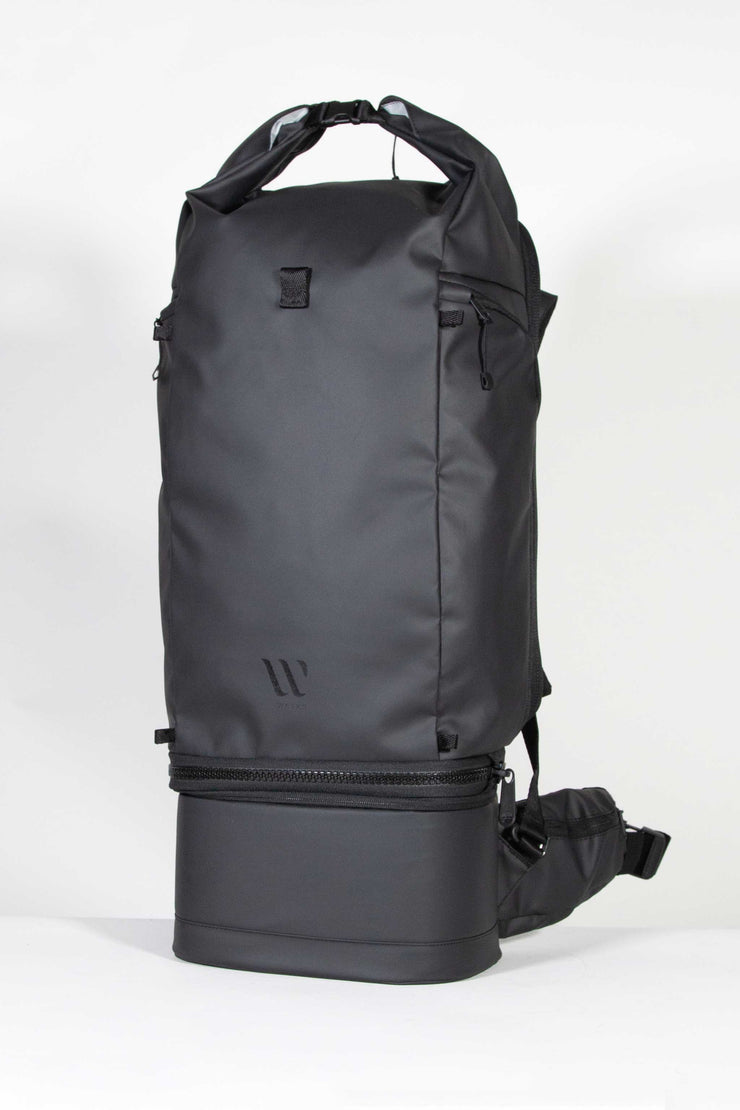 WayksOne Travel Backpack Compact Sleek Black Front Angled