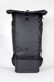 WayksOne Travel Backpack Compact Sleek Black Front Rolled#colour_sleek-black