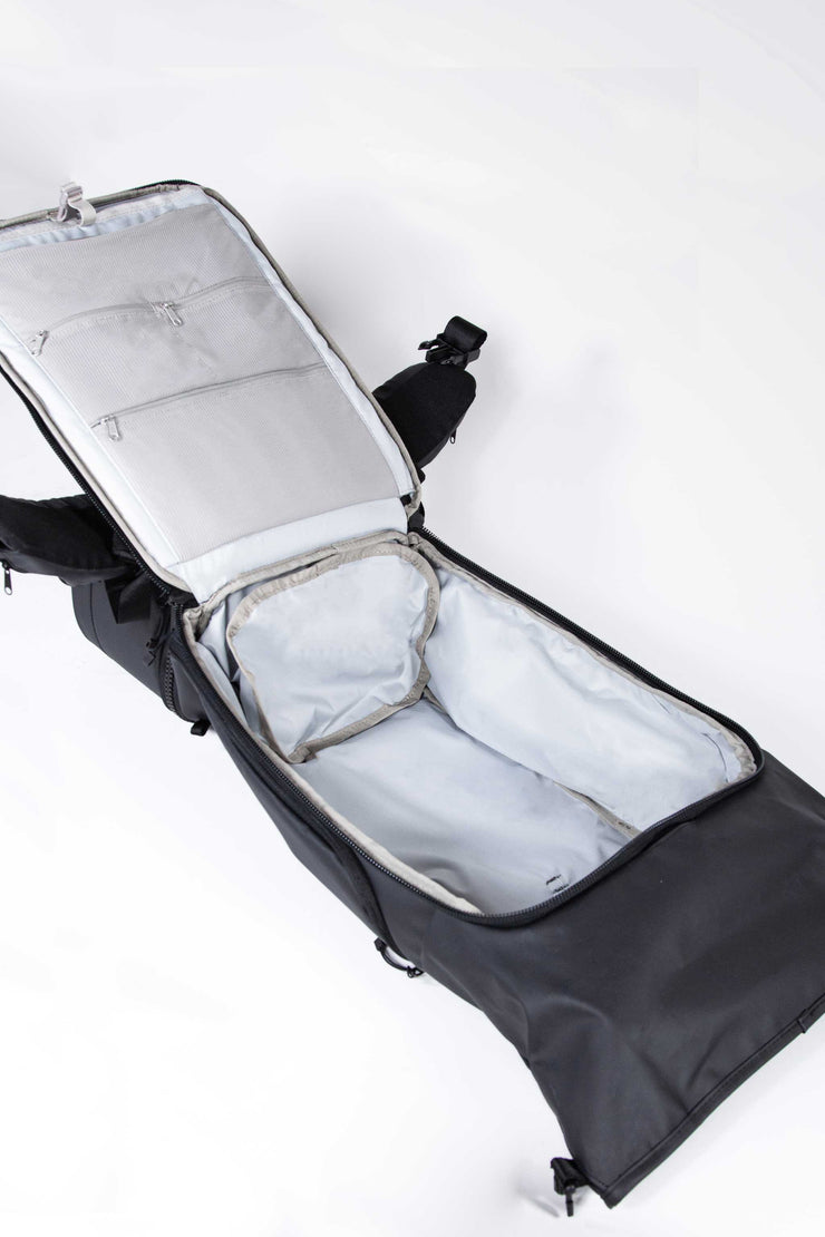 WayksOne Travel Backpack Compact Sleek Black Suitcase Opening
