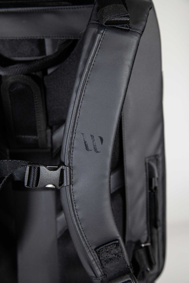 WayksOne Travel Backpack Compact Sleek Black Shoulder Strap