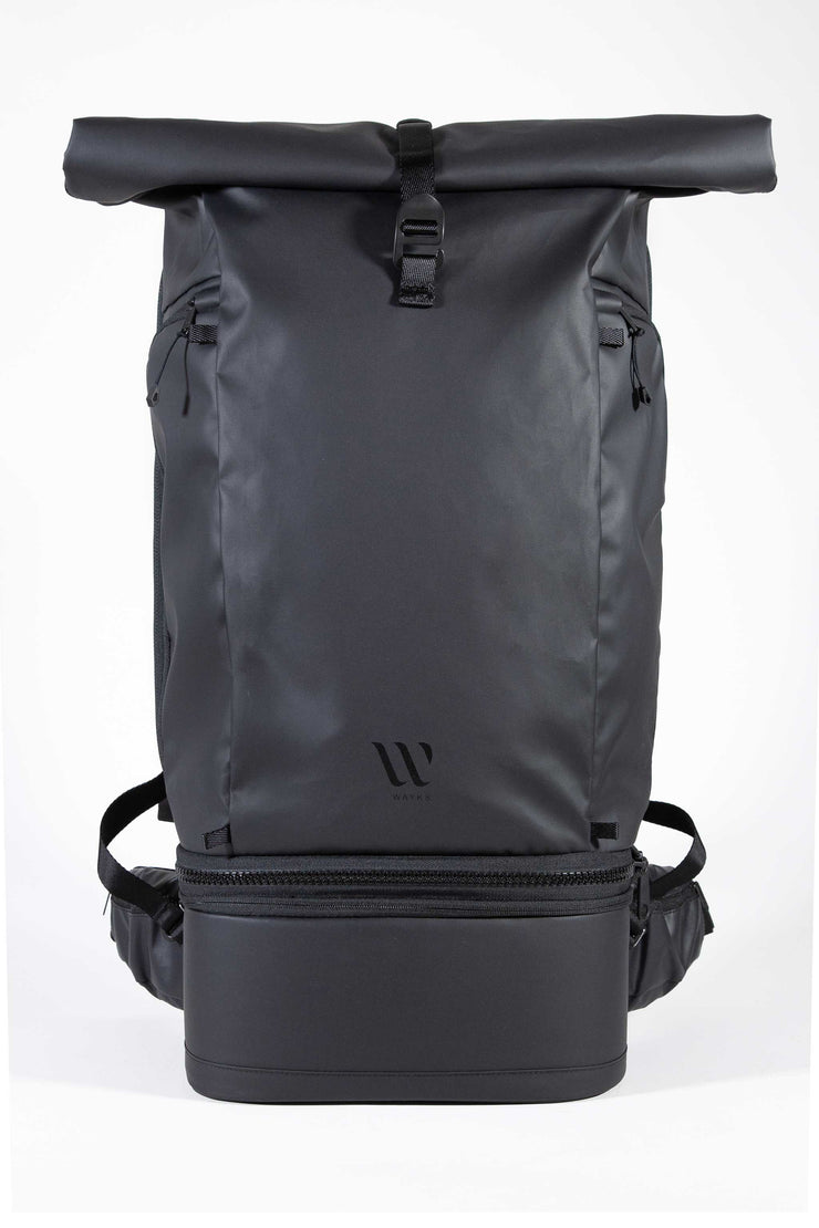 WayksOne Travel Backpack Original Sleek Black Front Rolled